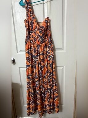 Nine West Orange and Navy Abstract Maxi Dress
